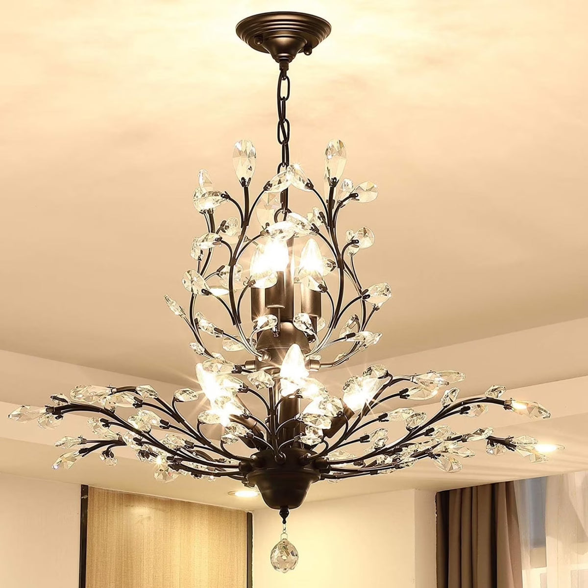 Ganeed Vintage 8 Lights Pendant Light Crystal Chandeliers Adjustable Ceiling Light for Living Room Bedroom Restaurant Porch Hallway Black